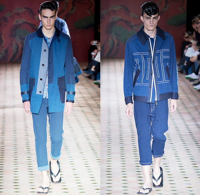 Junya Watanabe 2015 Spring Summer Mens Runway Catwalk Looks Collection - Mode à Paris Fashion Week Homme Mode Masculine France - Twill Denim Jeans Patchwork Mix Match Outerwear Coat Jacket Blazer Dragon Hobo Vagabond Railroad Stripes Cardigan Vest Waistcoat Button Down Shirt Sandals Loafers Parka Anorak Hoodie Zigzag Curved Hem Tunic Slippers Jogging Sweatpants Long Johns Pants Trousers Abstract Blazer Shorts Lattice