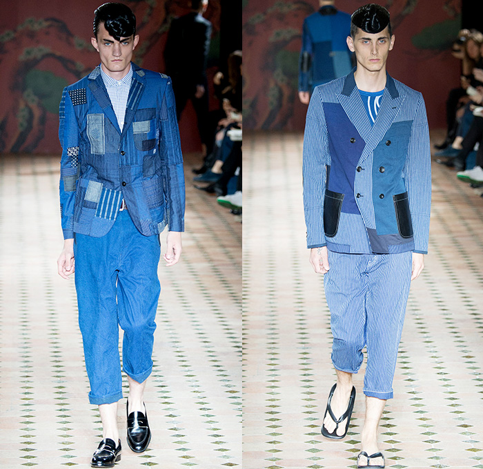 Junya Watanabe 2015 Spring Summer Mens Runway Catwalk Looks Collection - Mode à Paris Fashion Week Homme Mode Masculine France - Twill Denim Jeans Patchwork Mix Match Outerwear Coat Jacket Blazer Dragon Hobo Vagabond Railroad Stripes Cardigan Vest Waistcoat Button Down Shirt Sandals Loafers Parka Anorak Hoodie Zigzag Curved Hem Tunic Slippers Jogging Sweatpants Long Johns Pants Trousers Abstract Blazer Shorts Lattice