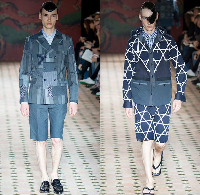 Junya Watanabe 2015 Spring Summer Mens Runway Catwalk Looks Collection - Mode à Paris Fashion Week Homme Mode Masculine France - Twill Denim Jeans Patchwork Mix Match Outerwear Coat Jacket Blazer Dragon Hobo Vagabond Railroad Stripes Cardigan Vest Waistcoat Button Down Shirt Sandals Loafers Parka Anorak Hoodie Zigzag Curved Hem Tunic Slippers Jogging Sweatpants Long Johns Pants Trousers Abstract Blazer Shorts Lattice