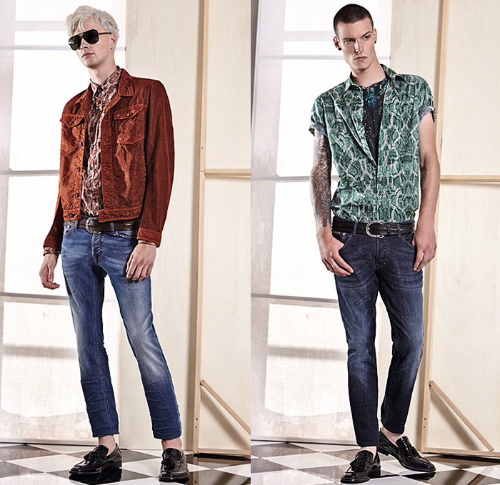 Just Cavalli 2015 Spring Summer Mens Lookbook Presentation - Roberto Cavalli Italy - Denim Jeans Loafers Trucker Jacket 1970s Seventies Reptile Print Pattern Shirt Destroyed Destructed Holes Frayed Leaves Foliage Fauna Tapered Sandals Studs Outerwear Stripes Rock n Roll Motorcycle Biker Rider Mesh Animal Spots Leopard Cheetah Safari Jungle Grunge Leather Manta Ray Blazer Bomber Tuxedo Smoking Cocktail Jacket Lion Shorts Sweater Jumper Drawstring