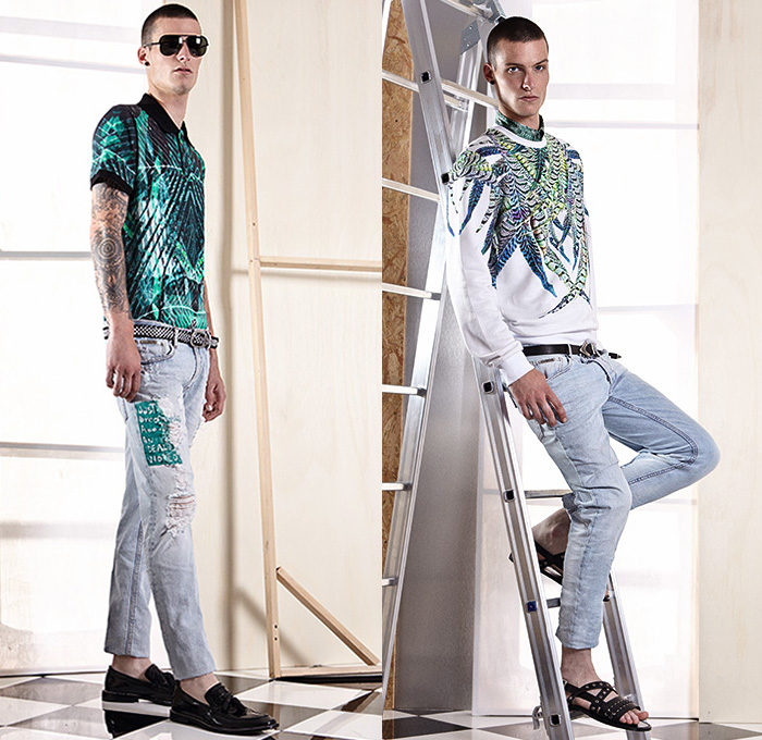 Just Cavalli 2015 Spring Summer Mens Lookbook Presentation - Roberto Cavalli Italy - Denim Jeans Loafers Trucker Jacket 1970s Seventies Reptile Print Pattern Shirt Destroyed Destructed Holes Frayed Leaves Foliage Fauna Tapered Sandals Studs Outerwear Stripes Rock n Roll Motorcycle Biker Rider Mesh Animal Spots Leopard Cheetah Safari Jungle Grunge Leather Manta Ray Blazer Bomber Tuxedo Smoking Cocktail Jacket Lion Shorts Sweater Jumper Drawstring