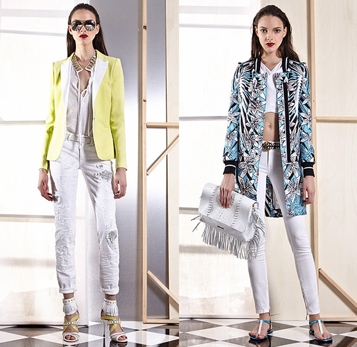 Just Cavalli 2015 Spring Summer Womens Lookbook Presentation - Roberto Cavalli Italy - White Denim Jeans Destroyed Destructed Holes Outerwear Blazer Fringes Crop Top Midriff Sandals Banded Strap Cargo Pockets Ethnic Folk Palm Trees Tropical Wrap Cropped Pants Trousers Flare Sweater Jumper Lace Dress Maxi Dress Leopard Safari Jungle Print Pattern Sweaterdress Shorts Poodle Circle Circular Skirt Bustier Accordion Pleats Shirtdress Biker Moto