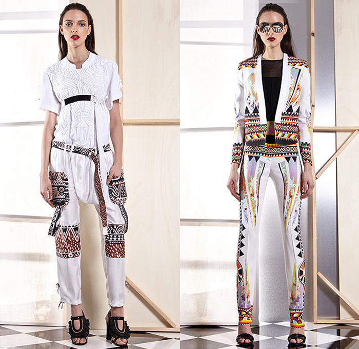 Just Cavalli 2015 Spring Summer Womens Lookbook Presentation - Roberto Cavalli Italy - White Denim Jeans Destroyed Destructed Holes Outerwear Blazer Fringes Crop Top Midriff Sandals Banded Strap Cargo Pockets Ethnic Folk Palm Trees Tropical Wrap Cropped Pants Trousers Flare Sweater Jumper Lace Dress Maxi Dress Leopard Safari Jungle Print Pattern Sweaterdress Shorts Poodle Circle Circular Skirt Bustier Accordion Pleats Shirtdress Biker Moto