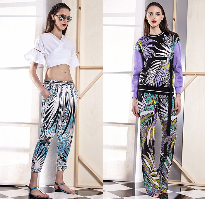 Just Cavalli 2015 Spring Summer Womens Lookbook Presentation - Roberto Cavalli Italy - White Denim Jeans Destroyed Destructed Holes Outerwear Blazer Fringes Crop Top Midriff Sandals Banded Strap Cargo Pockets Ethnic Folk Palm Trees Tropical Wrap Cropped Pants Trousers Flare Sweater Jumper Lace Dress Maxi Dress Leopard Safari Jungle Print Pattern Sweaterdress Shorts Poodle Circle Circular Skirt Bustier Accordion Pleats Shirtdress Biker Moto
