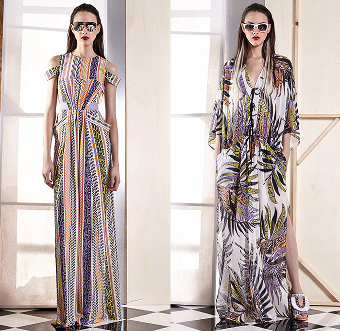 Just Cavalli 2015 Spring Summer Womens Lookbook Presentation - Roberto Cavalli Italy - White Denim Jeans Destroyed Destructed Holes Outerwear Blazer Fringes Crop Top Midriff Sandals Banded Strap Cargo Pockets Ethnic Folk Palm Trees Tropical Wrap Cropped Pants Trousers Flare Sweater Jumper Lace Dress Maxi Dress Leopard Safari Jungle Print Pattern Sweaterdress Shorts Poodle Circle Circular Skirt Bustier Accordion Pleats Shirtdress Biker Moto