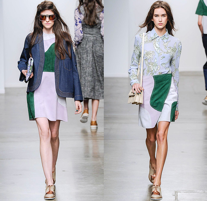 Karen Walker 2015 Spring Summer Womens Runway Catwalk Looks - New York Fashion Week - Denim Jeans Sash Waist Wide Leg Trousers Palazzo Pants Onesie Jumpsuit Coveralls Blouse Flowers Florals Foliage Fauna Leaves Print Colorblock Patchwork Pants Trousers Handkerchief Hem Hippie Shirtdress Blousedress Knit Sweater Jumper Shawl Straw Hat Plaid Checks Belted Waist Oversized Outerwear Trench Coat Ruffles Skirt Frock Pinafore Dress Scarf
