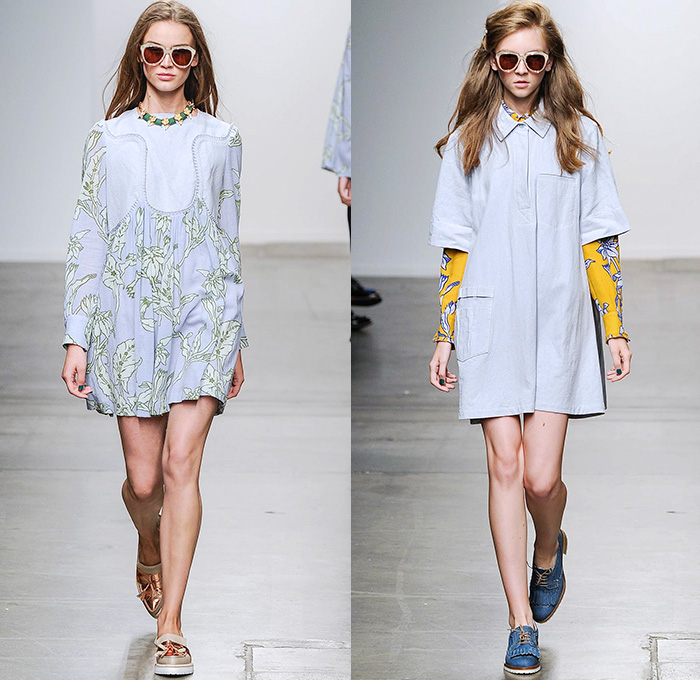 Karen Walker 2015 Spring Summer Womens Runway Catwalk Looks - New York Fashion Week - Denim Jeans Sash Waist Wide Leg Trousers Palazzo Pants Onesie Jumpsuit Coveralls Blouse Flowers Florals Foliage Fauna Leaves Print Colorblock Patchwork Pants Trousers Handkerchief Hem Hippie Shirtdress Blousedress Knit Sweater Jumper Shawl Straw Hat Plaid Checks Belted Waist Oversized Outerwear Trench Coat Ruffles Skirt Frock Pinafore Dress Scarf