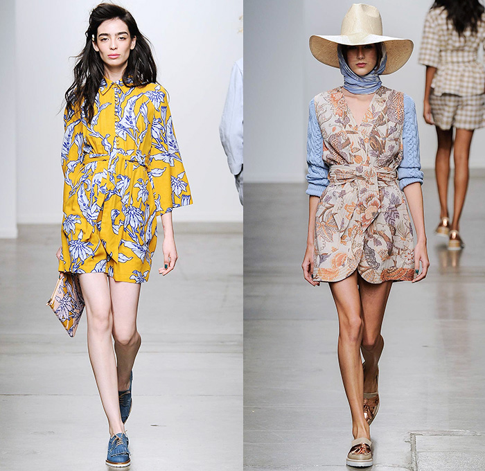 Karen Walker 2015 Spring Summer Womens Runway Catwalk Looks - New York Fashion Week - Denim Jeans Sash Waist Wide Leg Trousers Palazzo Pants Onesie Jumpsuit Coveralls Blouse Flowers Florals Foliage Fauna Leaves Print Colorblock Patchwork Pants Trousers Handkerchief Hem Hippie Shirtdress Blousedress Knit Sweater Jumper Shawl Straw Hat Plaid Checks Belted Waist Oversized Outerwear Trench Coat Ruffles Skirt Frock Pinafore Dress Scarf