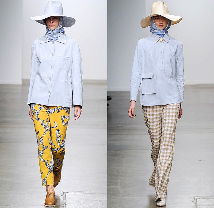Karen Walker 2015 Spring Summer Womens Runway Catwalk Looks - New York Fashion Week - Denim Jeans Sash Waist Wide Leg Trousers Palazzo Pants Onesie Jumpsuit Coveralls Blouse Flowers Florals Foliage Fauna Leaves Print Colorblock Patchwork Pants Trousers Handkerchief Hem Hippie Shirtdress Blousedress Knit Sweater Jumper Shawl Straw Hat Plaid Checks Belted Waist Oversized Outerwear Trench Coat Ruffles Skirt Frock Pinafore Dress Scarf