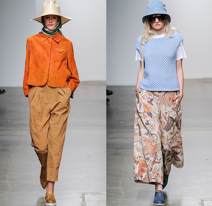 Karen Walker 2015 Spring Summer Womens Runway Catwalk Looks - New York Fashion Week - Denim Jeans Sash Waist Wide Leg Trousers Palazzo Pants Onesie Jumpsuit Coveralls Blouse Flowers Florals Foliage Fauna Leaves Print Colorblock Patchwork Pants Trousers Handkerchief Hem Hippie Shirtdress Blousedress Knit Sweater Jumper Shawl Straw Hat Plaid Checks Belted Waist Oversized Outerwear Trench Coat Ruffles Skirt Frock Pinafore Dress Scarf