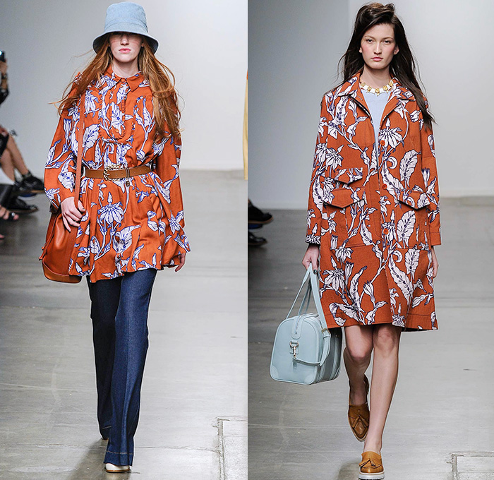 Karen Walker 2015 Spring Summer Womens Runway Catwalk Looks - New York Fashion Week - Denim Jeans Sash Waist Wide Leg Trousers Palazzo Pants Onesie Jumpsuit Coveralls Blouse Flowers Florals Foliage Fauna Leaves Print Colorblock Patchwork Pants Trousers Handkerchief Hem Hippie Shirtdress Blousedress Knit Sweater Jumper Shawl Straw Hat Plaid Checks Belted Waist Oversized Outerwear Trench Coat Ruffles Skirt Frock Pinafore Dress Scarf