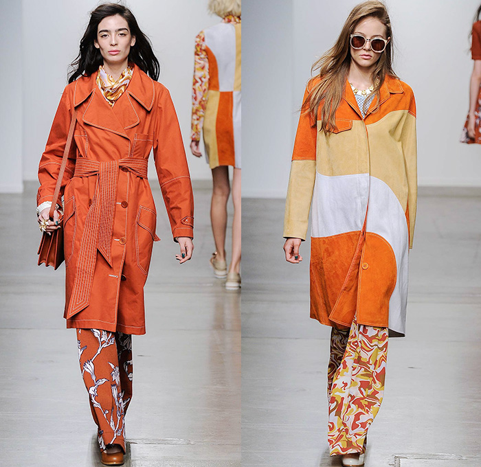 Karen Walker 2015 Spring Summer Womens Runway Catwalk Looks - New York Fashion Week - Denim Jeans Sash Waist Wide Leg Trousers Palazzo Pants Onesie Jumpsuit Coveralls Blouse Flowers Florals Foliage Fauna Leaves Print Colorblock Patchwork Pants Trousers Handkerchief Hem Hippie Shirtdress Blousedress Knit Sweater Jumper Shawl Straw Hat Plaid Checks Belted Waist Oversized Outerwear Trench Coat Ruffles Skirt Frock Pinafore Dress Scarf