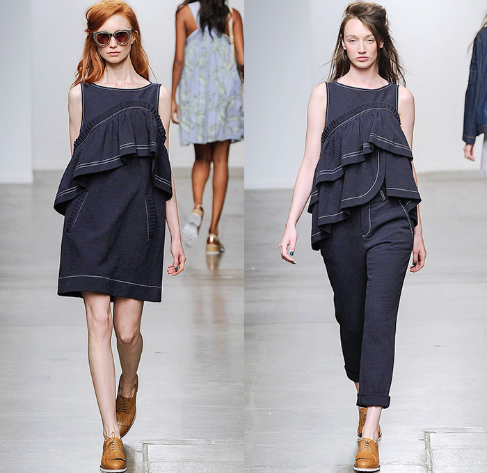Karen Walker 2015 Spring Summer Womens Runway Catwalk Looks - New York Fashion Week - Denim Jeans Sash Waist Wide Leg Trousers Palazzo Pants Onesie Jumpsuit Coveralls Blouse Flowers Florals Foliage Fauna Leaves Print Colorblock Patchwork Pants Trousers Handkerchief Hem Hippie Shirtdress Blousedress Knit Sweater Jumper Shawl Straw Hat Plaid Checks Belted Waist Oversized Outerwear Trench Coat Ruffles Skirt Frock Pinafore Dress Scarf