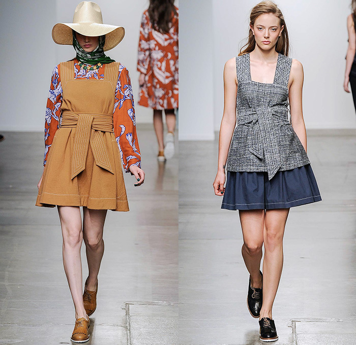 Karen Walker 2015 Spring Summer Womens Runway Catwalk Looks - New York Fashion Week - Denim Jeans Sash Waist Wide Leg Trousers Palazzo Pants Onesie Jumpsuit Coveralls Blouse Flowers Florals Foliage Fauna Leaves Print Colorblock Patchwork Pants Trousers Handkerchief Hem Hippie Shirtdress Blousedress Knit Sweater Jumper Shawl Straw Hat Plaid Checks Belted Waist Oversized Outerwear Trench Coat Ruffles Skirt Frock Pinafore Dress Scarf