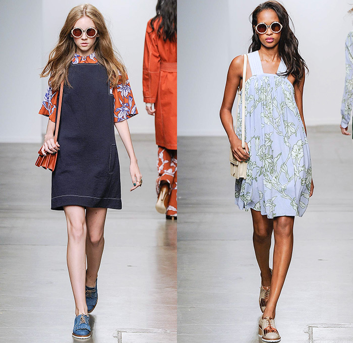 Karen Walker 2015 Spring Summer Womens Runway Catwalk Looks - New York Fashion Week - Denim Jeans Sash Waist Wide Leg Trousers Palazzo Pants Onesie Jumpsuit Coveralls Blouse Flowers Florals Foliage Fauna Leaves Print Colorblock Patchwork Pants Trousers Handkerchief Hem Hippie Shirtdress Blousedress Knit Sweater Jumper Shawl Straw Hat Plaid Checks Belted Waist Oversized Outerwear Trench Coat Ruffles Skirt Frock Pinafore Dress Scarf
