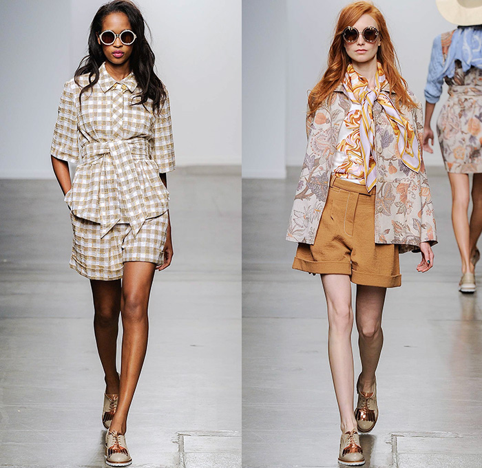 Karen Walker 2015 Spring Summer Womens Runway Catwalk Looks - New York Fashion Week - Denim Jeans Sash Waist Wide Leg Trousers Palazzo Pants Onesie Jumpsuit Coveralls Blouse Flowers Florals Foliage Fauna Leaves Print Colorblock Patchwork Pants Trousers Handkerchief Hem Hippie Shirtdress Blousedress Knit Sweater Jumper Shawl Straw Hat Plaid Checks Belted Waist Oversized Outerwear Trench Coat Ruffles Skirt Frock Pinafore Dress Scarf