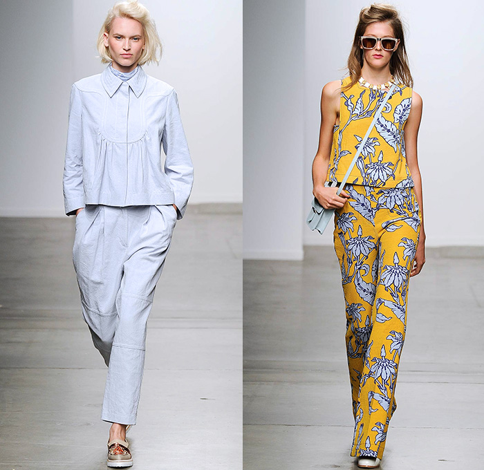 Karen Walker 2015 Spring Summer Womens Runway Catwalk Looks - New York Fashion Week - Denim Jeans Sash Waist Wide Leg Trousers Palazzo Pants Onesie Jumpsuit Coveralls Blouse Flowers Florals Foliage Fauna Leaves Print Colorblock Patchwork Pants Trousers Handkerchief Hem Hippie Shirtdress Blousedress Knit Sweater Jumper Shawl Straw Hat Plaid Checks Belted Waist Oversized Outerwear Trench Coat Ruffles Skirt Frock Pinafore Dress Scarf