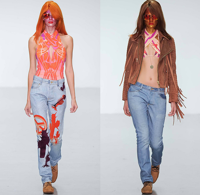 Katie Eary 2015 Spring Summer Womens Runway Looks - London Collections: Men British Fashion Council UK United Kingdom - Denim Jeans Fishbones Peace Sign Cactus Halter Top Wrap Faded Retro Western Fringes Crop Top Midriff Maxi Jumpsuit One Piece Onesie Side Slit
