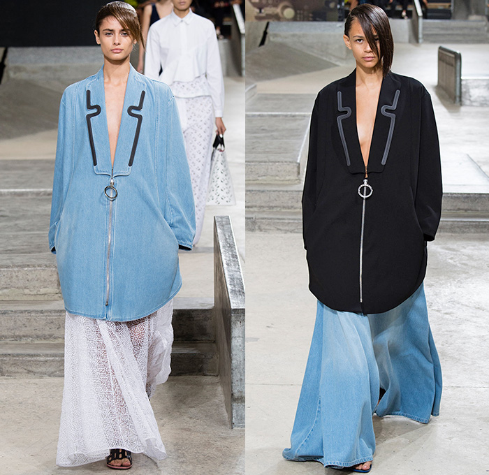 KENZO 2015 Spring Summer Womens Runway Catwalk Looks - Mode à Paris Fashion Week Prêt-à-Porter Mode Féminin Femme France - Denim Jeans Skatepark Oversized Outerwear Coat Wide Leg Trousers Palazzo Pants Laser Cut Mesh Skirt Frock Lace White Ensemble Dress Typographical Logo Ruffles Asymmetrical Hem Metallic Studs Pencil Skirt V-Neck Jumpsuit Onesie One Piece Coveralls Vest Waistcoat Zippers Pantsuit Shirtdress