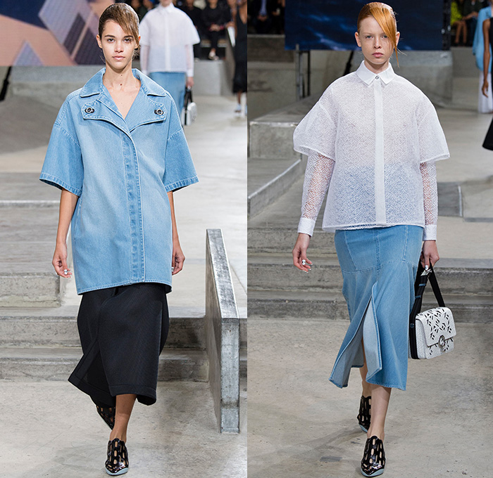 KENZO 2015 Spring Summer Womens Runway Catwalk Looks - Mode à Paris Fashion Week Prêt-à-Porter Mode Féminin Femme France - Denim Jeans Skatepark Oversized Outerwear Coat Wide Leg Trousers Palazzo Pants Laser Cut Mesh Skirt Frock Lace White Ensemble Dress Typographical Logo Ruffles Asymmetrical Hem Metallic Studs Pencil Skirt V-Neck Jumpsuit Onesie One Piece Coveralls Vest Waistcoat Zippers Pantsuit Shirtdress