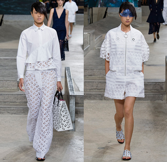 KENZO 2015 Spring Summer Womens Runway Catwalk Looks - Mode à Paris Fashion Week Prêt-à-Porter Mode Féminin Femme France - Denim Jeans Skatepark Oversized Outerwear Coat Wide Leg Trousers Palazzo Pants Laser Cut Mesh Skirt Frock Lace White Ensemble Dress Typographical Logo Ruffles Asymmetrical Hem Metallic Studs Pencil Skirt V-Neck Jumpsuit Onesie One Piece Coveralls Vest Waistcoat Zippers Pantsuit Shirtdress