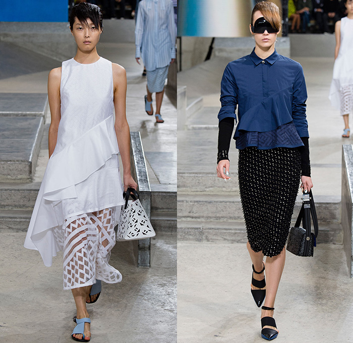 KENZO 2015 Spring Summer Womens Runway Catwalk Looks - Mode à Paris Fashion Week Prêt-à-Porter Mode Féminin Femme France - Denim Jeans Skatepark Oversized Outerwear Coat Wide Leg Trousers Palazzo Pants Laser Cut Mesh Skirt Frock Lace White Ensemble Dress Typographical Logo Ruffles Asymmetrical Hem Metallic Studs Pencil Skirt V-Neck Jumpsuit Onesie One Piece Coveralls Vest Waistcoat Zippers Pantsuit Shirtdress