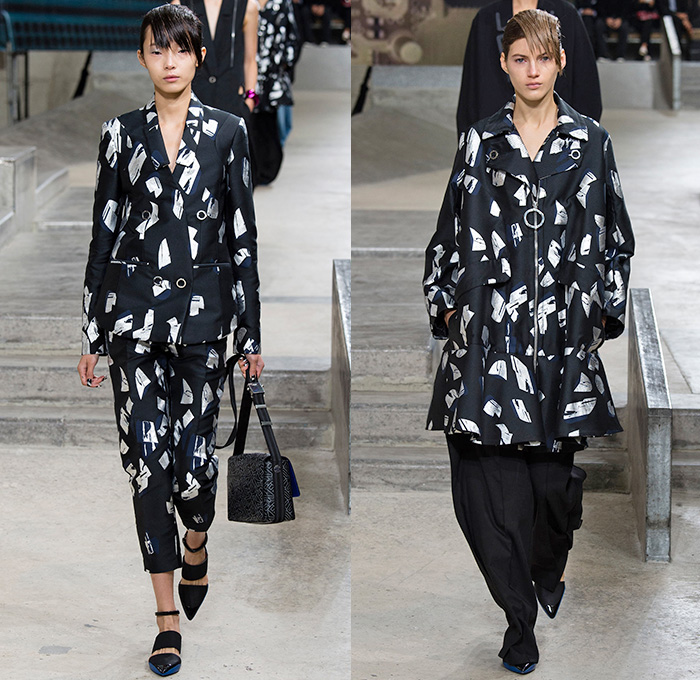 KENZO 2015 Spring Summer Womens Runway Catwalk Looks - Mode à Paris Fashion Week Prêt-à-Porter Mode Féminin Femme France - Denim Jeans Skatepark Oversized Outerwear Coat Wide Leg Trousers Palazzo Pants Laser Cut Mesh Skirt Frock Lace White Ensemble Dress Typographical Logo Ruffles Asymmetrical Hem Metallic Studs Pencil Skirt V-Neck Jumpsuit Onesie One Piece Coveralls Vest Waistcoat Zippers Pantsuit Shirtdress