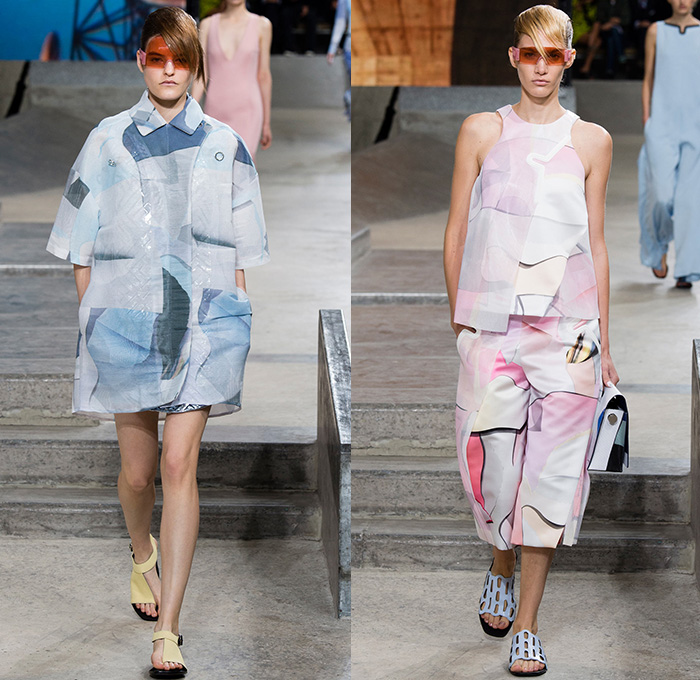 KENZO 2015 Spring Summer Womens Runway Catwalk Looks - Mode à Paris Fashion Week Prêt-à-Porter Mode Féminin Femme France - Denim Jeans Skatepark Oversized Outerwear Coat Wide Leg Trousers Palazzo Pants Laser Cut Mesh Skirt Frock Lace White Ensemble Dress Typographical Logo Ruffles Asymmetrical Hem Metallic Studs Pencil Skirt V-Neck Jumpsuit Onesie One Piece Coveralls Vest Waistcoat Zippers Pantsuit Shirtdress