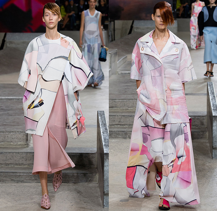 KENZO 2015 Spring Summer Womens Runway Catwalk Looks - Mode à Paris Fashion Week Prêt-à-Porter Mode Féminin Femme France - Denim Jeans Skatepark Oversized Outerwear Coat Wide Leg Trousers Palazzo Pants Laser Cut Mesh Skirt Frock Lace White Ensemble Dress Typographical Logo Ruffles Asymmetrical Hem Metallic Studs Pencil Skirt V-Neck Jumpsuit Onesie One Piece Coveralls Vest Waistcoat Zippers Pantsuit Shirtdress