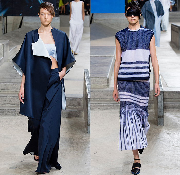 KENZO 2015 Spring Summer Womens Runway Catwalk Looks - Mode à Paris Fashion Week Prêt-à-Porter Mode Féminin Femme France - Denim Jeans Skatepark Oversized Outerwear Coat Wide Leg Trousers Palazzo Pants Laser Cut Mesh Skirt Frock Lace White Ensemble Dress Typographical Logo Ruffles Asymmetrical Hem Metallic Studs Pencil Skirt V-Neck Jumpsuit Onesie One Piece Coveralls Vest Waistcoat Zippers Pantsuit Shirtdress