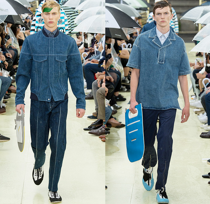 KENZO 2015 Spring Summer Mens Runway Catwalk Collection - Mode à Paris Fashion Week Mode Masculine France - Denim Jeans Polka Dots Stripes Knit Sweater Jumper Graphic Onesie Jumpsuit Boilersuit Coveralls Emblems Patches Outerwear Trench Coat Jacket Blazer Anorak Rainwear Parka Banded Collar Typography Shorts Multi Panel Ribbed Quilted Lattice Chinos Khakis Pants Trousers Peek-A-Boo Slimcase Oversized Airplane Collar Camouflage Pastel