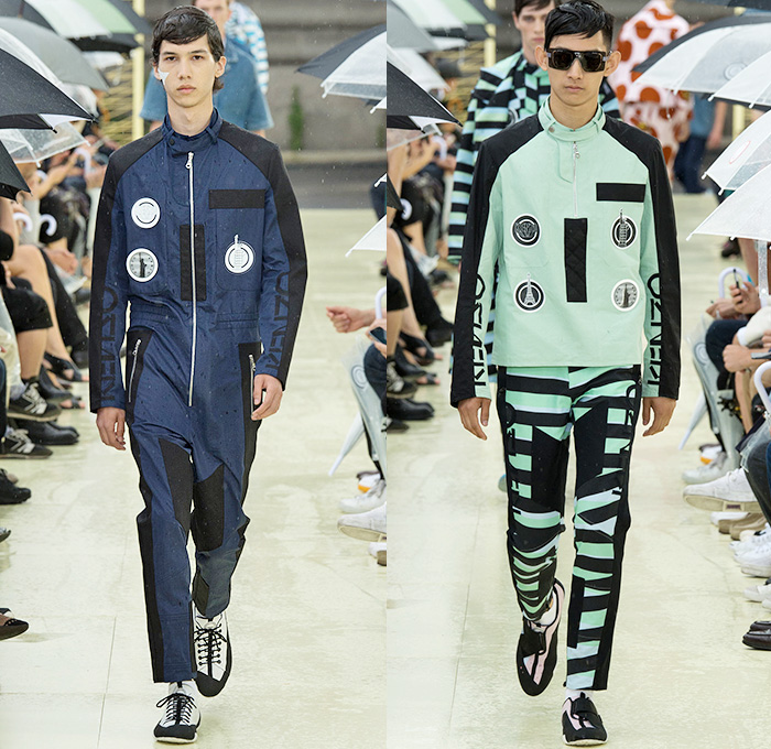 KENZO 2015 Spring Summer Mens Runway Catwalk Collection - Mode à Paris Fashion Week Mode Masculine France - Denim Jeans Polka Dots Stripes Knit Sweater Jumper Graphic Onesie Jumpsuit Boilersuit Coveralls Emblems Patches Outerwear Trench Coat Jacket Blazer Anorak Rainwear Parka Banded Collar Typography Shorts Multi Panel Ribbed Quilted Lattice Chinos Khakis Pants Trousers Peek-A-Boo Slimcase Oversized Airplane Collar Camouflage Pastel