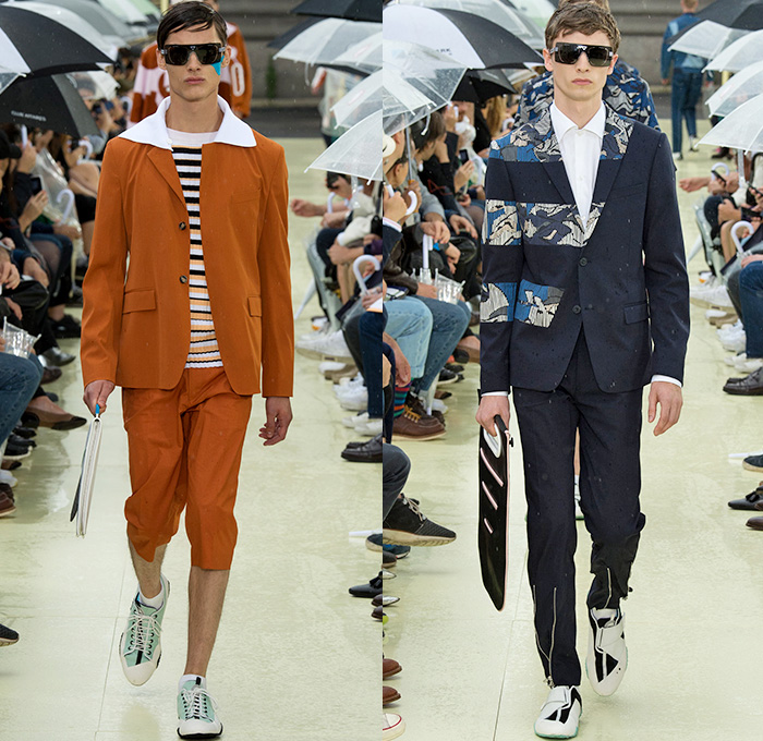 KENZO 2015 Spring Summer Mens Runway Catwalk Collection - Mode à Paris Fashion Week Mode Masculine France - Denim Jeans Polka Dots Stripes Knit Sweater Jumper Graphic Onesie Jumpsuit Boilersuit Coveralls Emblems Patches Outerwear Trench Coat Jacket Blazer Anorak Rainwear Parka Banded Collar Typography Shorts Multi Panel Ribbed Quilted Lattice Chinos Khakis Pants Trousers Peek-A-Boo Slimcase Oversized Airplane Collar Camouflage Pastel