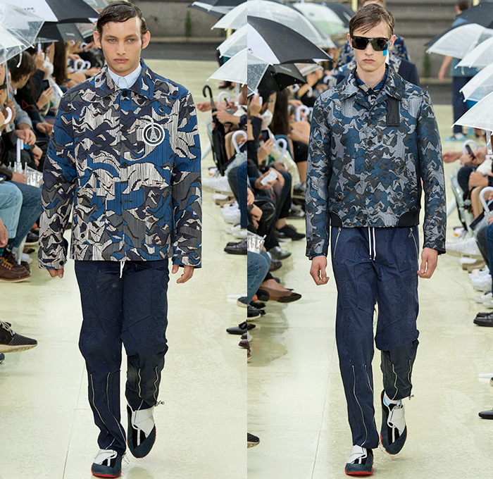 KENZO 2015 Spring Summer Mens Runway Catwalk Collection - Mode à Paris Fashion Week Mode Masculine France - Denim Jeans Polka Dots Stripes Knit Sweater Jumper Graphic Onesie Jumpsuit Boilersuit Coveralls Emblems Patches Outerwear Trench Coat Jacket Blazer Anorak Rainwear Parka Banded Collar Typography Shorts Multi Panel Ribbed Quilted Lattice Chinos Khakis Pants Trousers Peek-A-Boo Slimcase Oversized Airplane Collar Camouflage Pastel