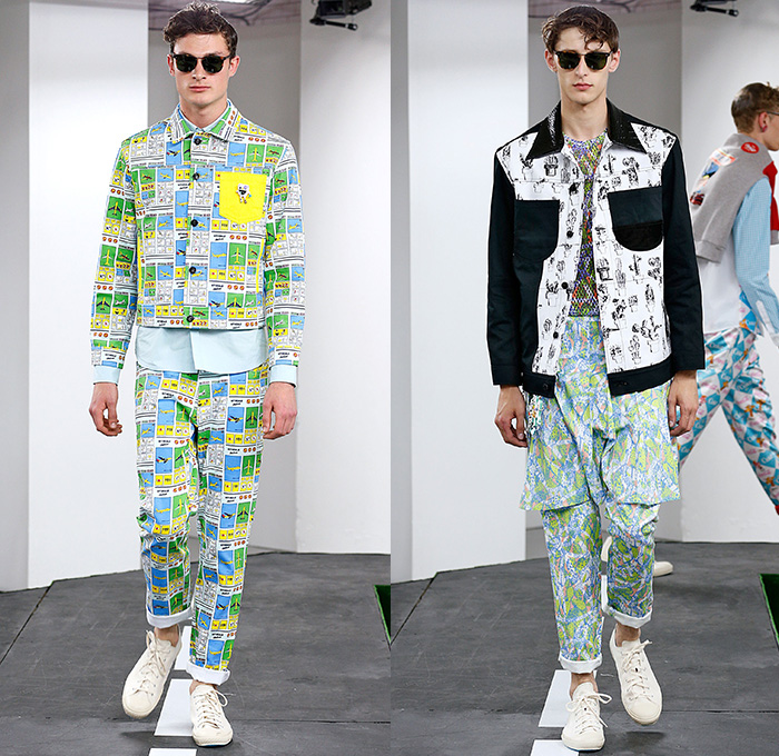 Kit Neale 2015 Spring Summer Mens Runway Looks - London Collections: Men British Fashion Council UK United Kingdom - Denim Jeans Patches Bib Brace Dungarees Jumpsuit Overalls Onesie Print Motif Pop Art Cactus Plants Cacti Knee Panel Coke Coca-Cola Bottles Softdrink Soda Pop Multi-Panel Shirt Button Down Gingham Checks Sweater Jumper Loungewear Airplanes Aircraft Airport Signs Strawberries Fruits Shorts Bomber Jacket Outerwear Blazer Shorts Parka Hoodie