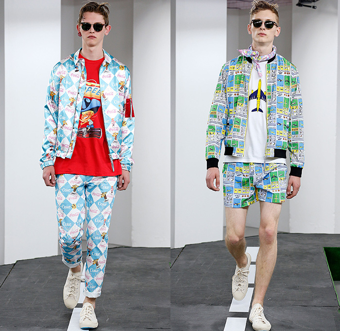 Kit Neale 2015 Spring Summer Mens Runway Looks - London Collections: Men British Fashion Council UK United Kingdom - Denim Jeans Patches Bib Brace Dungarees Jumpsuit Overalls Onesie Print Motif Pop Art Cactus Plants Cacti Knee Panel Coke Coca-Cola Bottles Softdrink Soda Pop Multi-Panel Shirt Button Down Gingham Checks Sweater Jumper Loungewear Airplanes Aircraft Airport Signs Strawberries Fruits Shorts Bomber Jacket Outerwear Blazer Shorts Parka Hoodie