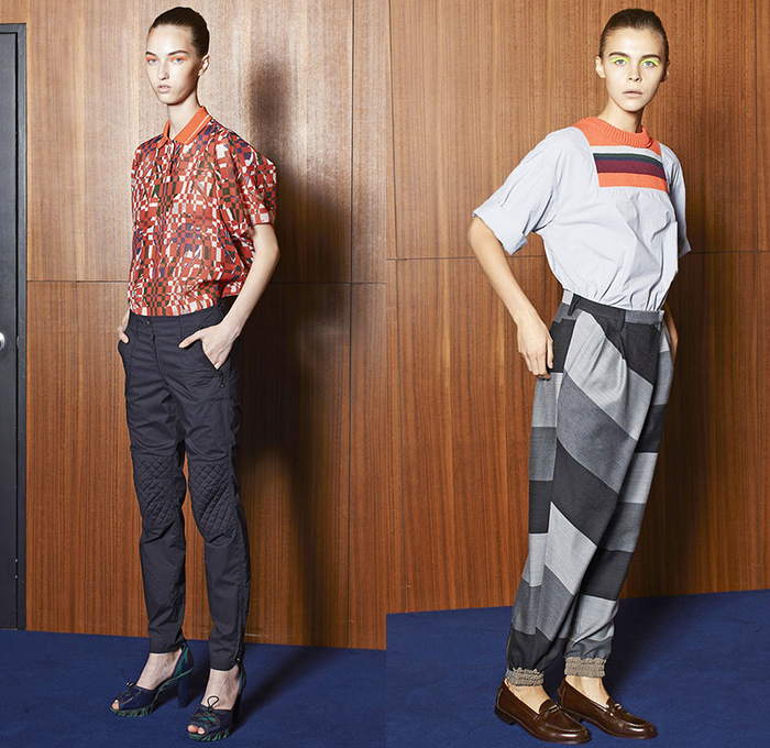 Kolor Junichi Abe 2015 Spring Summer Womens Lookbook Presentation - Mode à Paris Fashion Week Prêt-à-Porter Mode Féminin Femme France - Knee Panels Geometric Print Pattern Sheer Chiffon Tulle Shirt Stripes Multi-Panel Elastic Dolphin Curved Mullet Hem Knit Crochet Mesh Ruffles Loafers Pants Trousers Skirt Frock Batwing Tuxedo Stripe Bomberdress Shirtdress Shorts Layers Blazer Sandals Accordion Pleats