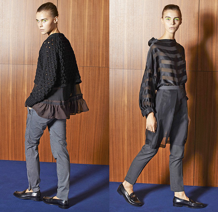 Kolor Junichi Abe 2015 Spring Summer Womens Lookbook Presentation - Mode à Paris Fashion Week Prêt-à-Porter Mode Féminin Femme France - Knee Panels Geometric Print Pattern Sheer Chiffon Tulle Shirt Stripes Multi-Panel Elastic Dolphin Curved Mullet Hem Knit Crochet Mesh Ruffles Loafers Pants Trousers Skirt Frock Batwing Tuxedo Stripe Bomberdress Shirtdress Shorts Layers Blazer Sandals Accordion Pleats