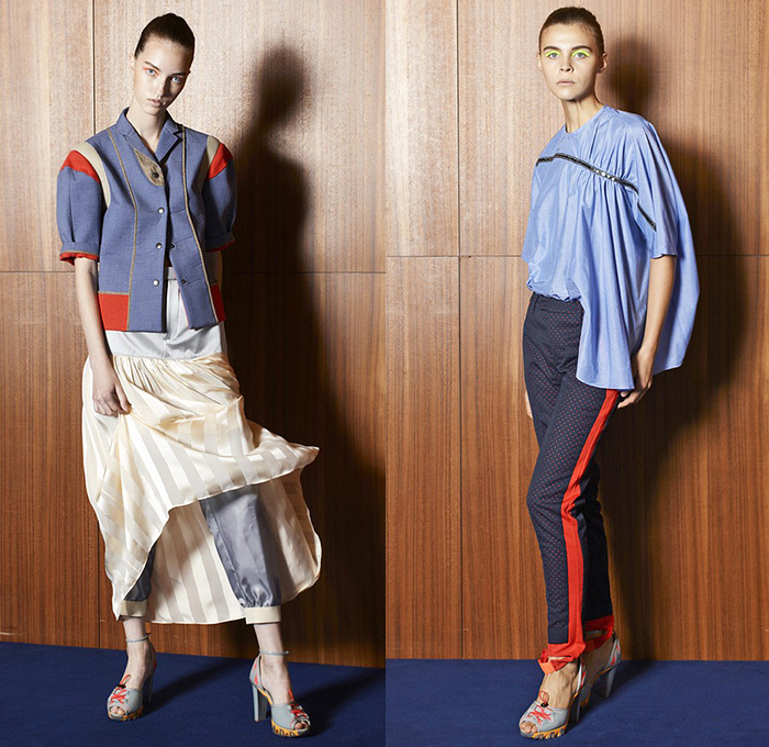 Kolor Junichi Abe 2015 Spring Summer Womens Lookbook Presentation - Mode à Paris Fashion Week Prêt-à-Porter Mode Féminin Femme France - Knee Panels Geometric Print Pattern Sheer Chiffon Tulle Shirt Stripes Multi-Panel Elastic Dolphin Curved Mullet Hem Knit Crochet Mesh Ruffles Loafers Pants Trousers Skirt Frock Batwing Tuxedo Stripe Bomberdress Shirtdress Shorts Layers Blazer Sandals Accordion Pleats