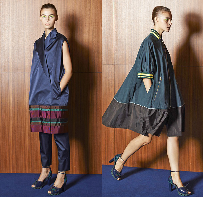 Kolor Junichi Abe 2015 Spring Summer Womens Lookbook Presentation - Mode à Paris Fashion Week Prêt-à-Porter Mode Féminin Femme France - Knee Panels Geometric Print Pattern Sheer Chiffon Tulle Shirt Stripes Multi-Panel Elastic Dolphin Curved Mullet Hem Knit Crochet Mesh Ruffles Loafers Pants Trousers Skirt Frock Batwing Tuxedo Stripe Bomberdress Shirtdress Shorts Layers Blazer Sandals Accordion Pleats