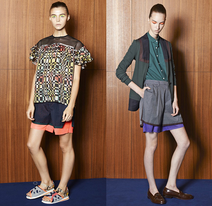 Kolor Junichi Abe 2015 Spring Summer Womens Lookbook Presentation - Mode à Paris Fashion Week Prêt-à-Porter Mode Féminin Femme France - Knee Panels Geometric Print Pattern Sheer Chiffon Tulle Shirt Stripes Multi-Panel Elastic Dolphin Curved Mullet Hem Knit Crochet Mesh Ruffles Loafers Pants Trousers Skirt Frock Batwing Tuxedo Stripe Bomberdress Shirtdress Shorts Layers Blazer Sandals Accordion Pleats