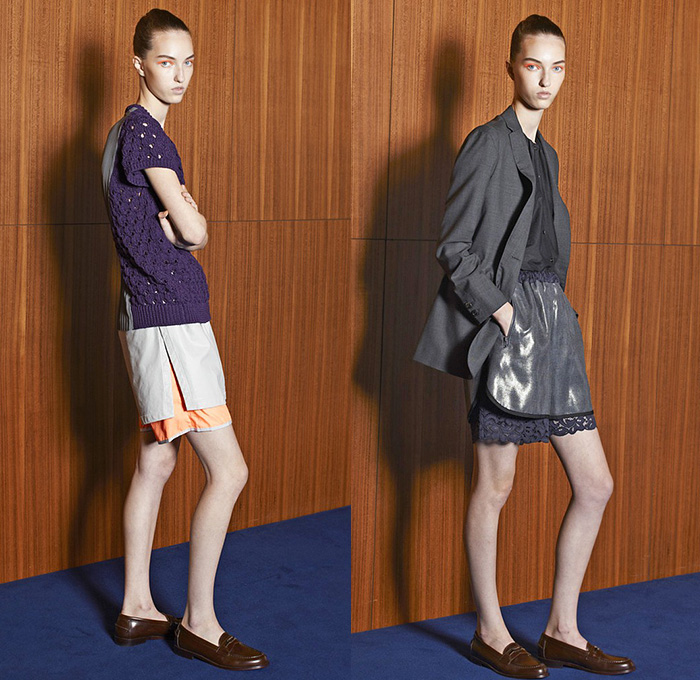 Kolor Junichi Abe 2015 Spring Summer Womens Lookbook Presentation - Mode à Paris Fashion Week Prêt-à-Porter Mode Féminin Femme France - Knee Panels Geometric Print Pattern Sheer Chiffon Tulle Shirt Stripes Multi-Panel Elastic Dolphin Curved Mullet Hem Knit Crochet Mesh Ruffles Loafers Pants Trousers Skirt Frock Batwing Tuxedo Stripe Bomberdress Shirtdress Shorts Layers Blazer Sandals Accordion Pleats