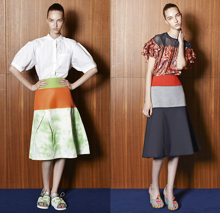 Kolor Junichi Abe 2015 Spring Summer Womens Lookbook Presentation - Mode à Paris Fashion Week Prêt-à-Porter Mode Féminin Femme France - Knee Panels Geometric Print Pattern Sheer Chiffon Tulle Shirt Stripes Multi-Panel Elastic Dolphin Curved Mullet Hem Knit Crochet Mesh Ruffles Loafers Pants Trousers Skirt Frock Batwing Tuxedo Stripe Bomberdress Shirtdress Shorts Layers Blazer Sandals Accordion Pleats