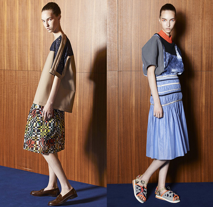 Kolor Junichi Abe 2015 Spring Summer Womens Lookbook Presentation - Mode à Paris Fashion Week Prêt-à-Porter Mode Féminin Femme France - Knee Panels Geometric Print Pattern Sheer Chiffon Tulle Shirt Stripes Multi-Panel Elastic Dolphin Curved Mullet Hem Knit Crochet Mesh Ruffles Loafers Pants Trousers Skirt Frock Batwing Tuxedo Stripe Bomberdress Shirtdress Shorts Layers Blazer Sandals Accordion Pleats