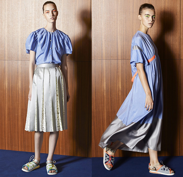 Kolor Junichi Abe 2015 Spring Summer Womens Lookbook Presentation - Mode à Paris Fashion Week Prêt-à-Porter Mode Féminin Femme France - Knee Panels Geometric Print Pattern Sheer Chiffon Tulle Shirt Stripes Multi-Panel Elastic Dolphin Curved Mullet Hem Knit Crochet Mesh Ruffles Loafers Pants Trousers Skirt Frock Batwing Tuxedo Stripe Bomberdress Shirtdress Shorts Layers Blazer Sandals Accordion Pleats