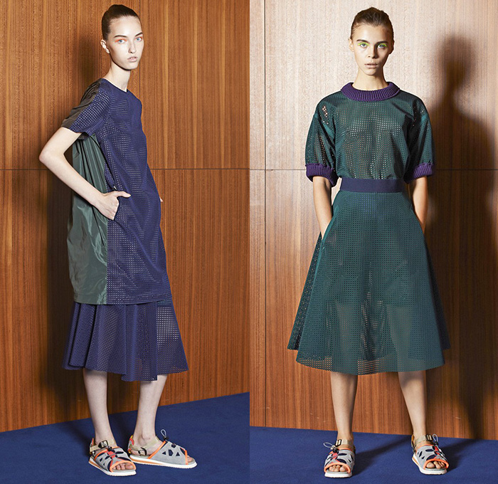 Kolor Junichi Abe 2015 Spring Summer Womens Lookbook Presentation - Mode à Paris Fashion Week Prêt-à-Porter Mode Féminin Femme France - Knee Panels Geometric Print Pattern Sheer Chiffon Tulle Shirt Stripes Multi-Panel Elastic Dolphin Curved Mullet Hem Knit Crochet Mesh Ruffles Loafers Pants Trousers Skirt Frock Batwing Tuxedo Stripe Bomberdress Shirtdress Shorts Layers Blazer Sandals Accordion Pleats