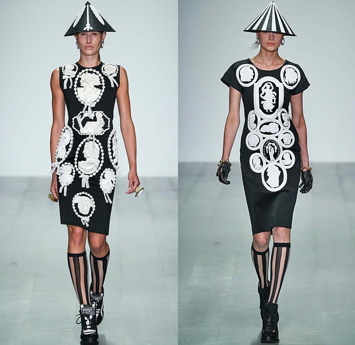 KTZ 2015 Spring Summer Womens Runway Catwalk Looks - London Fashion Week - London Collections Women British Fashion Council UK United Kingdom - Ancient Greece Sporty Dress Sweater Jumper Mesh Outerwear Coat Lace Neoclassicism Ornamental Decorative Art 3D Embellishments Cone Hat Coin Head Pencil Skirt Frock Swimwear Gloves Gladiator Sandals Sheer Chiffon Cuffs Statues Snakes Gold Metallic Leggings Drapery Breastplate Coatdress