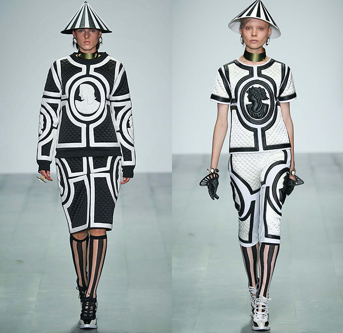 KTZ 2015 Spring Summer Womens Runway Catwalk Looks - London Fashion Week - London Collections Women British Fashion Council UK United Kingdom - Ancient Greece Sporty Dress Sweater Jumper Mesh Outerwear Coat Lace Neoclassicism Ornamental Decorative Art 3D Embellishments Cone Hat Coin Head Pencil Skirt Frock Swimwear Gloves Gladiator Sandals Sheer Chiffon Cuffs Statues Snakes Gold Metallic Leggings Drapery Breastplate Coatdress