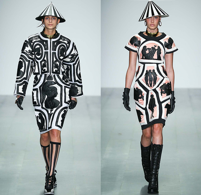 KTZ 2015 Spring Summer Womens Runway Catwalk Looks - London Fashion Week - London Collections Women British Fashion Council UK United Kingdom - Ancient Greece Sporty Dress Sweater Jumper Mesh Outerwear Coat Lace Neoclassicism Ornamental Decorative Art 3D Embellishments Cone Hat Coin Head Pencil Skirt Frock Swimwear Gloves Gladiator Sandals Sheer Chiffon Cuffs Statues Snakes Gold Metallic Leggings Drapery Breastplate Coatdress