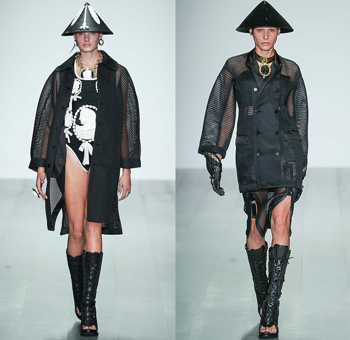 KTZ 2015 Spring Summer Womens Runway Catwalk Looks - London Fashion Week - London Collections Women British Fashion Council UK United Kingdom - Ancient Greece Sporty Dress Sweater Jumper Mesh Outerwear Coat Lace Neoclassicism Ornamental Decorative Art 3D Embellishments Cone Hat Coin Head Pencil Skirt Frock Swimwear Gloves Gladiator Sandals Sheer Chiffon Cuffs Statues Snakes Gold Metallic Leggings Drapery Breastplate Coatdress